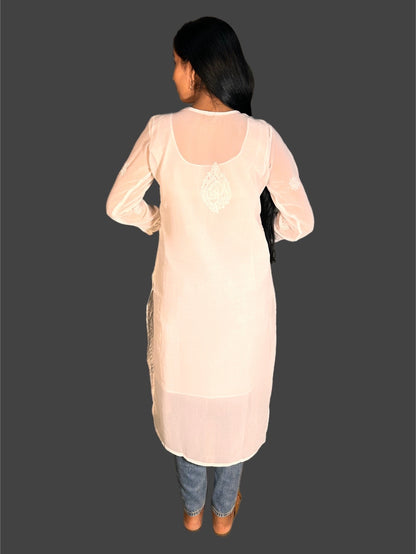 Lucknowi Chikankari White 'Ujaala' Georgette Kurti-K000043