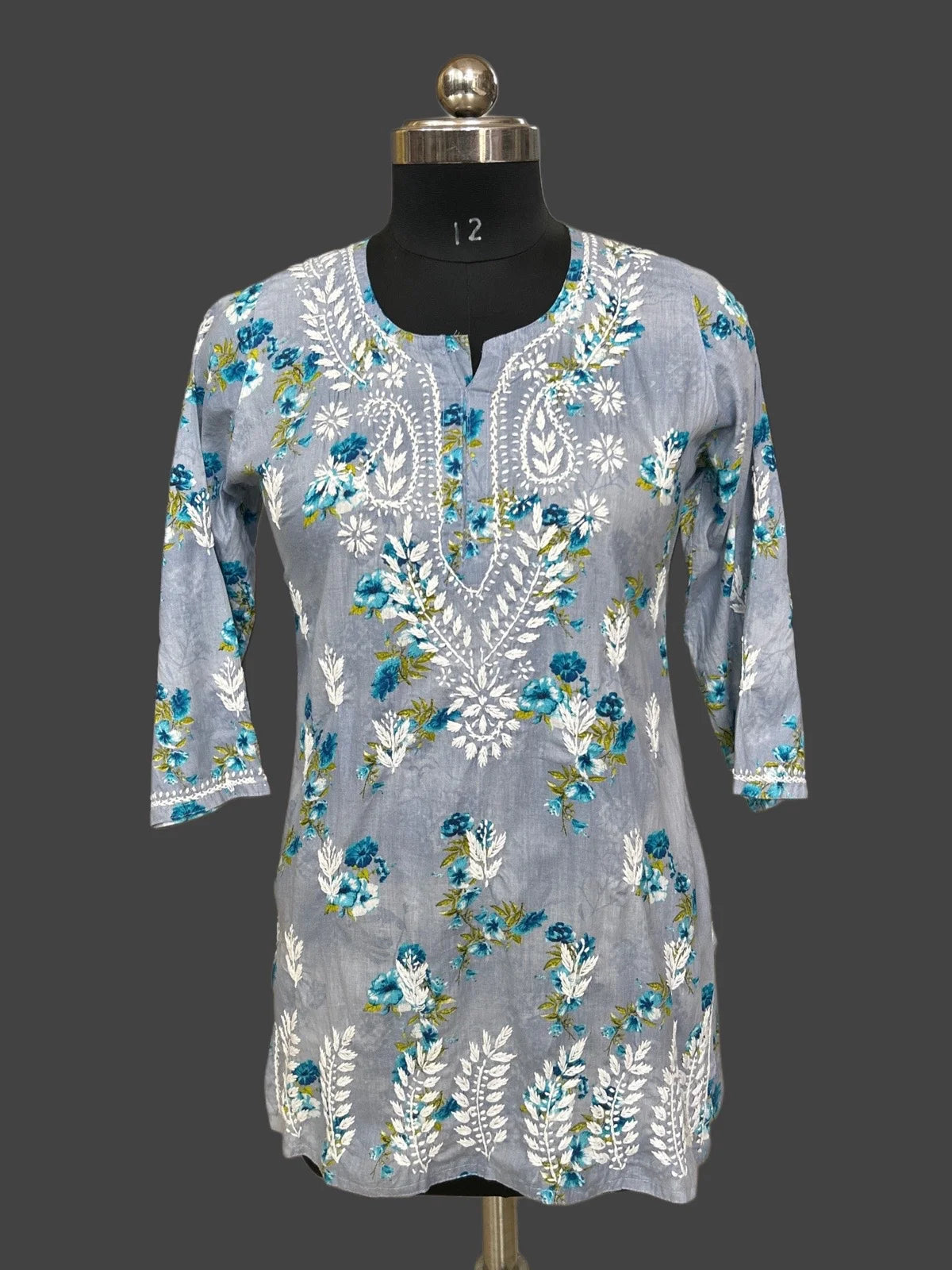 Lucknowi Chikankari Grey 'Dhoondhla' Printed Cotton Short Kurti-T000024