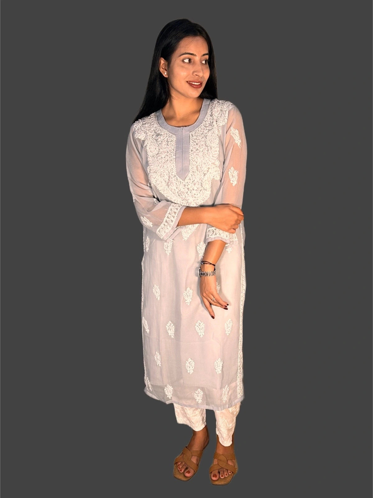 Lucknowi Chikankari Grey Georgette Kurti-K000044