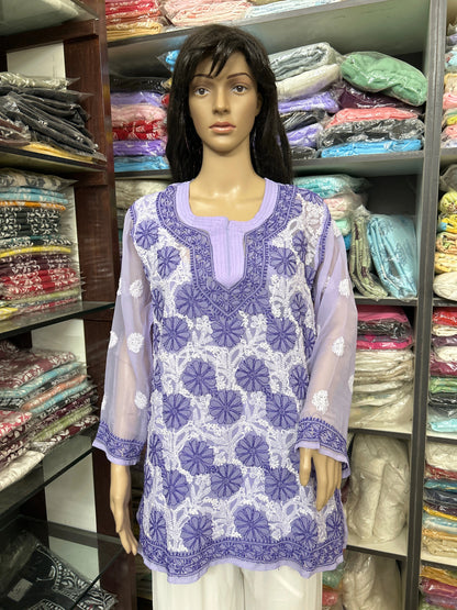 Lucknowi Chikankari Purple 'Jamuni' Georgette Short Kurti-T60002