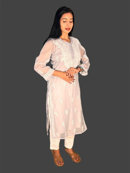 Lucknowi Chikankari Grey Georgette Kurti-K000044