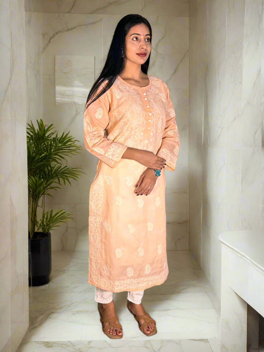 Lucknowi Chikankari Orange Cotton Kurti-K000058