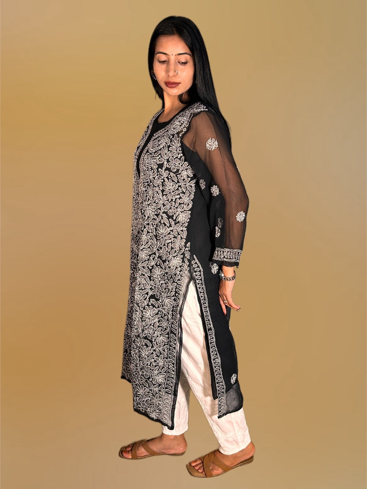 Lucknowi Chikankari Black Georgette Kurti-K000053