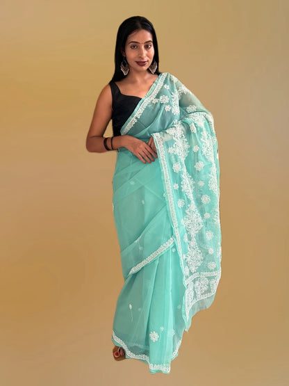 Lucknowi Chikankari Green Georgette Saree (With Blouse)-S00003