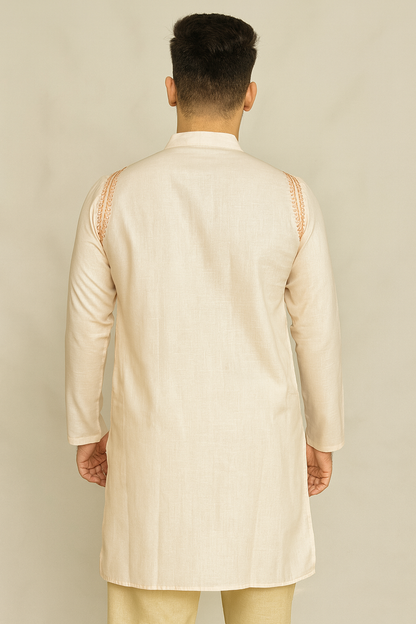 Lucknowi Chikankari Peach 'Aarooi' Cotton Gents Kurta-GK00013