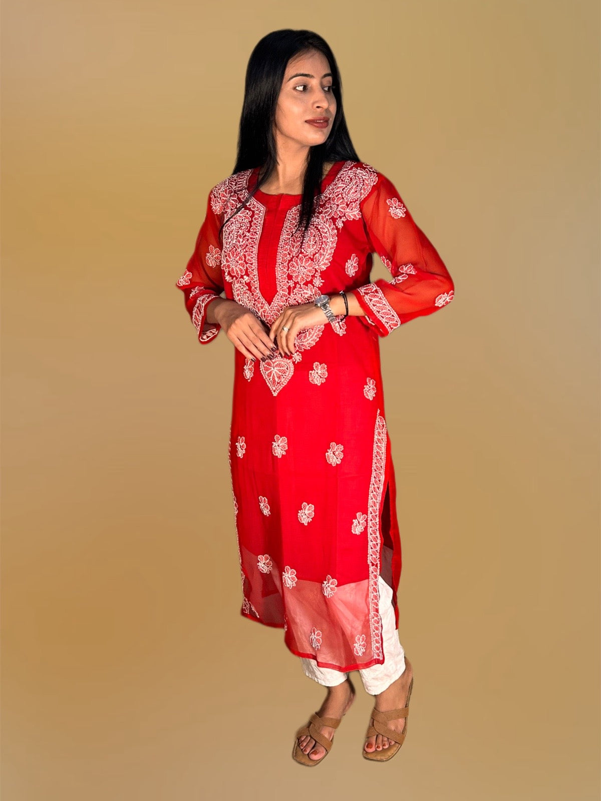 Lucknowi Chikankari Red Georgette Kurti-K000049