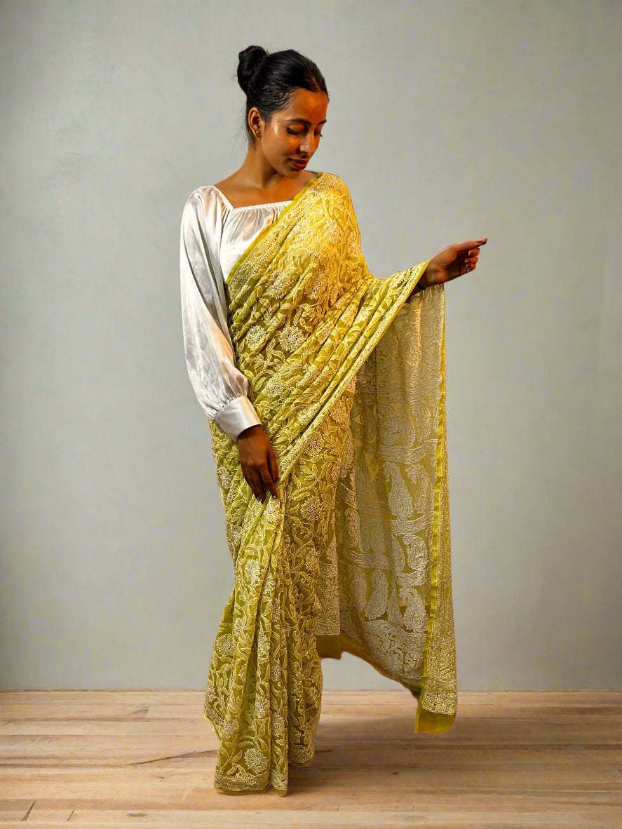 Lucknowi Chikankari Yellow Georgette Saree (With Blouse)-PF100010