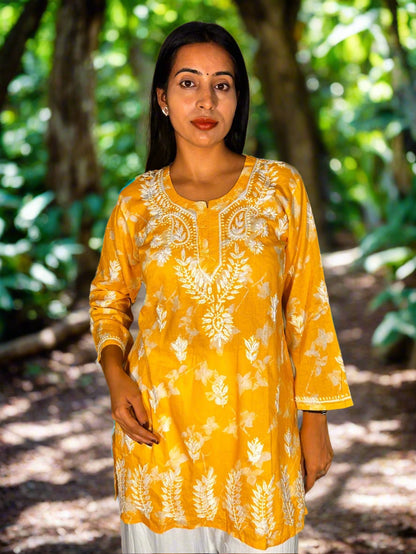 Lucknowi Chikankari Yellow Printed Cotton Short Kurti-T000019