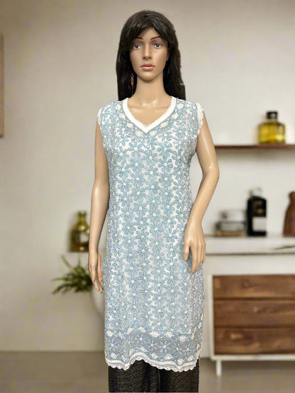 Lucknowi Chikankari White Georgette Short Kurti-T50014