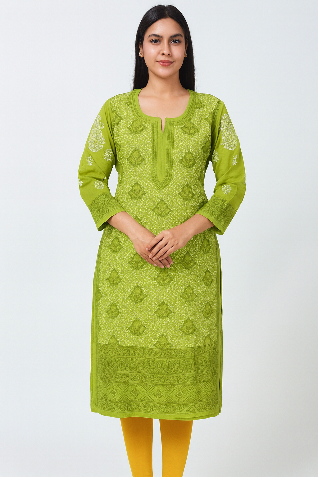 Lucknowi Chikankari Green 'Bahar' Cotton Kurti-K000184