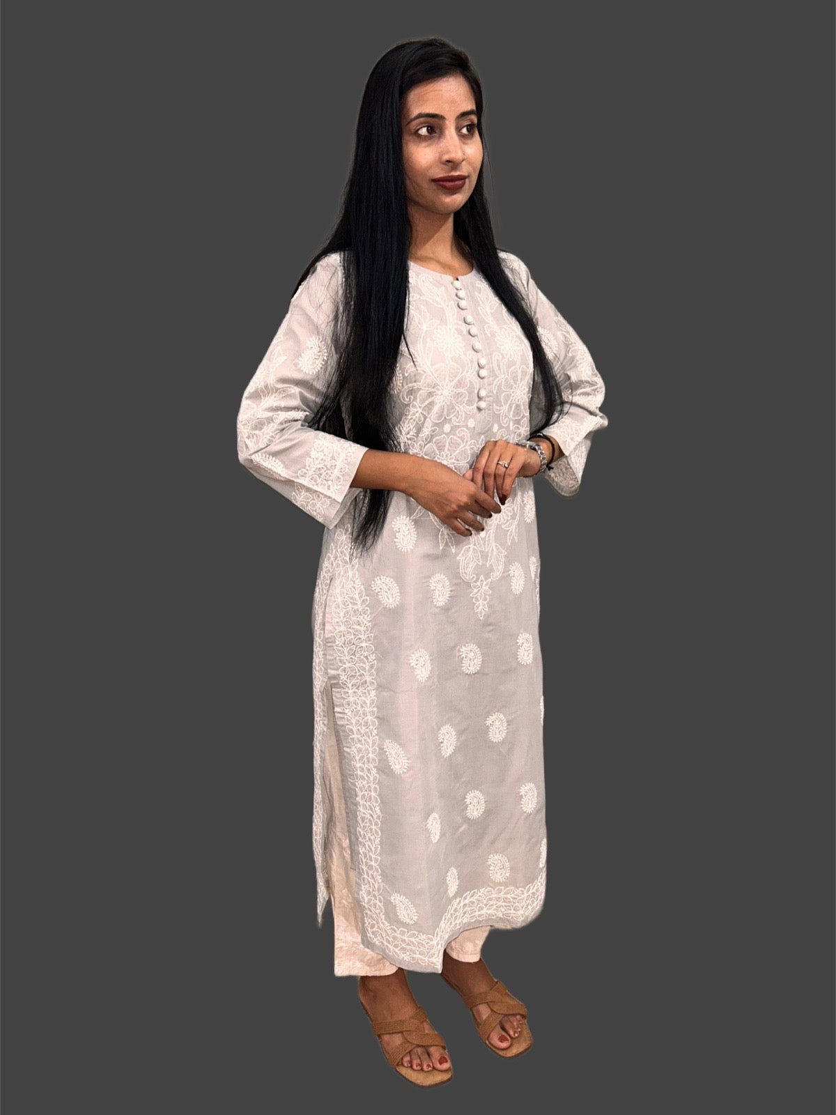 Lucknowi Chikankari Grey Cotton Kurti-K000046