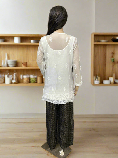 Lucknowi Chikankari White Georgette Short Kurti-T000058