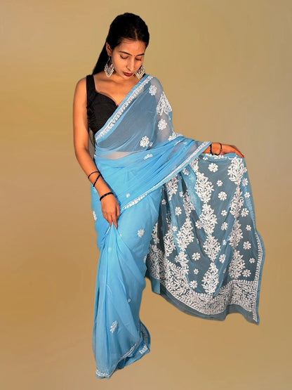 Lucknowi Chikankari Blue Georgette Saree (With Blouse)-S00002