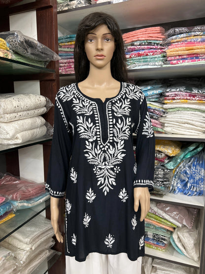 Lucknowi Chikankari Black 'Siah' Rayon Short Kurti-T000066