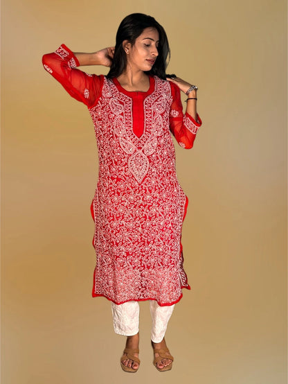 Lucknowi Chikankari Red Georgette Kurti-K000048