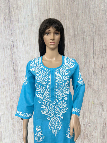 Lucknowi Chikankari Blue Cotton Kurti-K000112