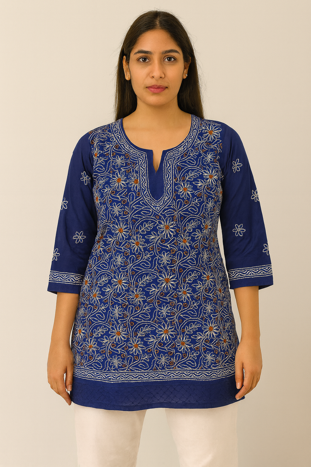 Lucknowi Chikankari Blue 'Aab-e-Asmaan' Cotton Short Kurti-T30011