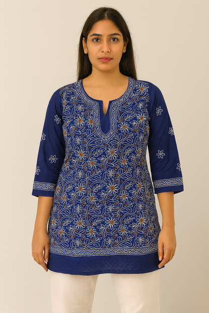 Lucknowi Chikankari Blue 'Aab-e-Asmaan' Cotton Short Kurti-T30011