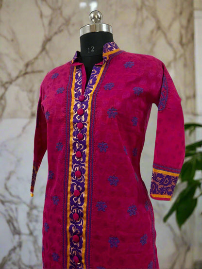 Lucknowi Chikankari Magenta Chanderi Kurti-PE00004