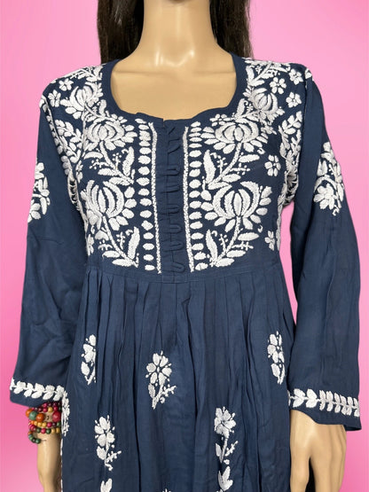 Lucknowi Chikankari Navy Blue 'Aab-e-Asmaan- Modal Short Kurti-T000037