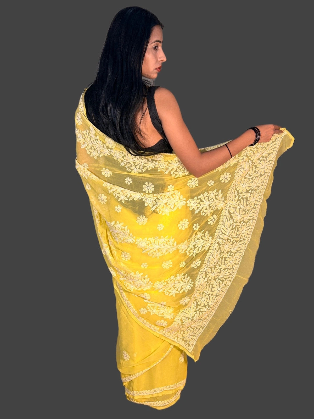 Lucknowi Chikankari Yellow Georgette Saree (With Blouse)-S00009