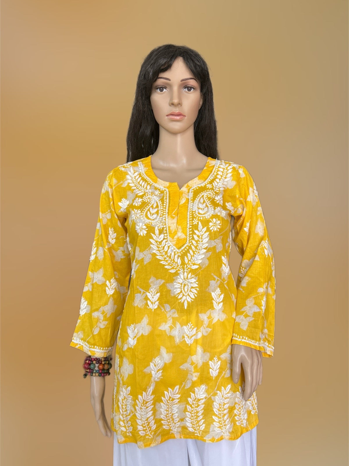Lucknowi Chikankari Yellow 'Sunehri' Printed Cotton Short Kurti-T000019