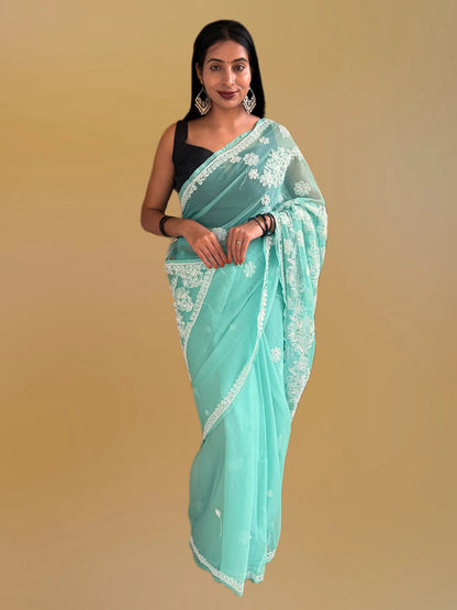 Lucknowi Chikankari Green Georgette Saree (With Blouse)-S00003