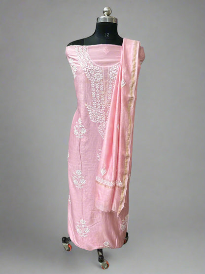 Lucknowi Chikankari Unstitched Pink Chanderi Kurta-Dupatta Fabric-PG400056