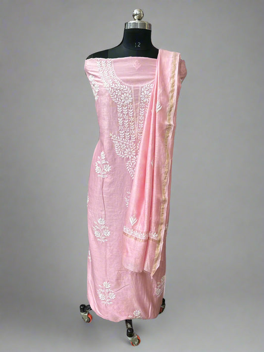 Lucknowi Chikankari Unstitched Pink Chanderi Kurta-Dupatta Fabric-PG400056