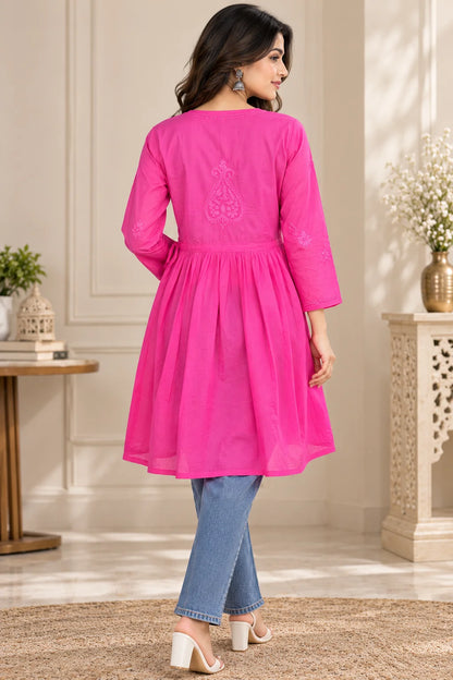 Lucknowi Chikankari Women Magenta 'Shagufta' Cotton Angrakha Styled Short Kurti
