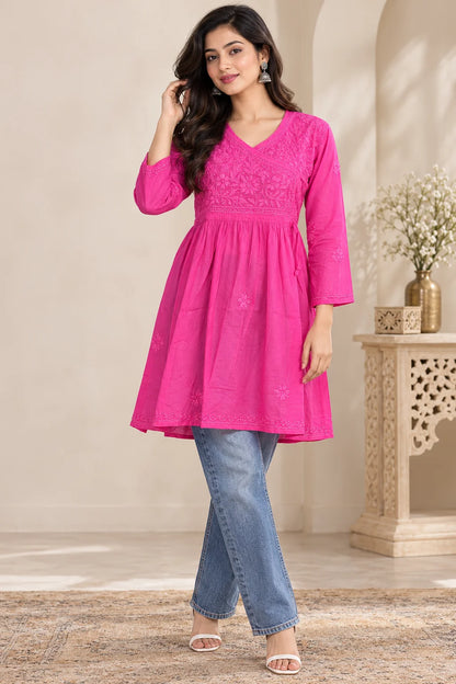 Lucknowi Chikankari Women Magenta 'Shagufta' Cotton Angrakha Styled Short Kurti