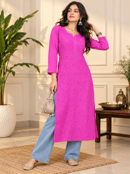Lucknowi Chikankari Women's Magenta 'Shagufta' Viscose Kurta
