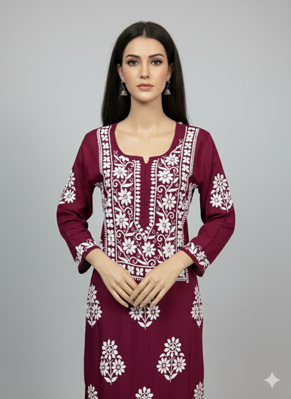 Lucknowi Chikankari Maroon Modal Kurti-K000140