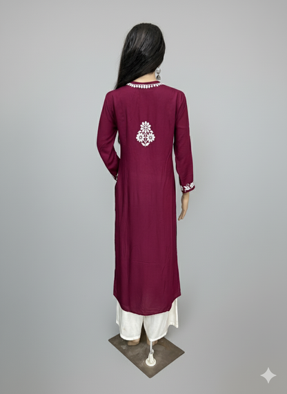 Lucknowi Chikankari Maroon Modal Kurti-K000140