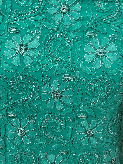 Lucknowi Chikankari Unstitched Green Georgette Unstitched Kurta Fabric-PG100034