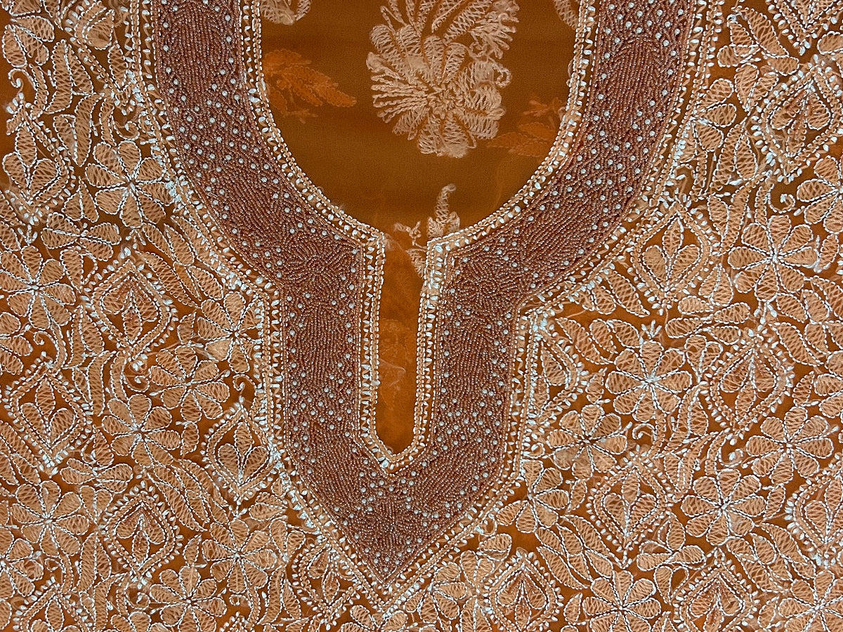 Lucknowi Chikankari Unstitched Orange Georgette Kurta Fabric-PG100045