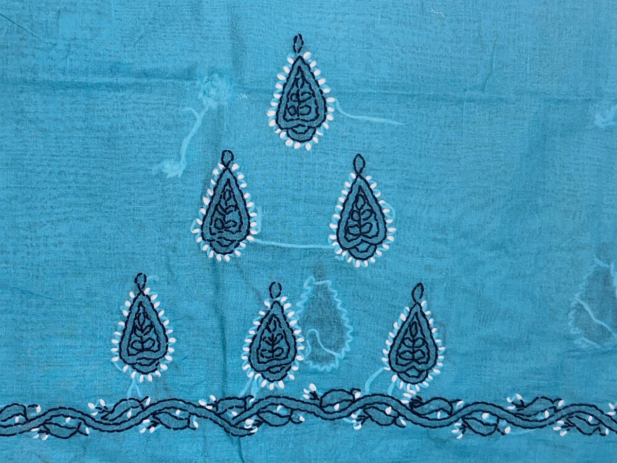 Lucknowi Chikankari Unstitched Blue Cotton Kurta-Bottom-Dupatta Fabric-U30002