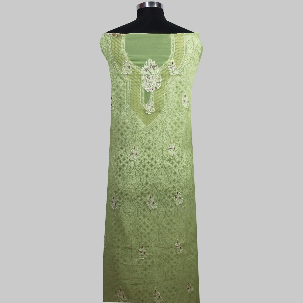 Lucknowi Chikankari Unstitched Green Georgette Kurta Fabric-PG100003