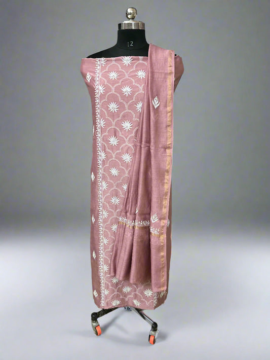 Lucknowi Chikankari Unstitched Pastel Pink Chanderi Kurta-Dupatta Fabric-PG400045