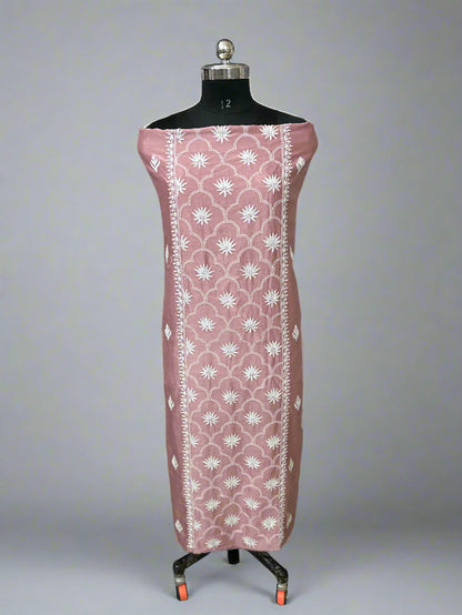 Lucknowi Chikankari Unstitched Pastel Pink Chanderi Kurta-Dupatta Fabric-PG400045