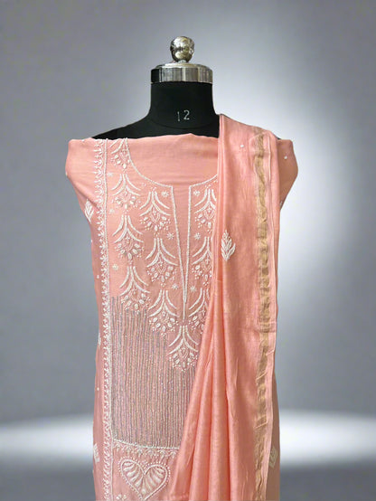 Lucknowi Chikankari Unstitched Peach Chanderi Kurta-Dupatta Fabric-PG400046