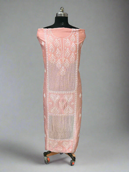 Lucknowi Chikankari Unstitched Peach Chanderi Kurta-Dupatta Fabric-PG400046