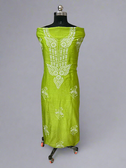 Lucknowi Chikankari Unstitched Neon Yellow Chanderi Kurta-Dupatta Fabric-PG400047