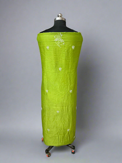 Lucknowi Chikankari Unstitched Neon Yellow Chanderi Kurta-Dupatta Fabric-PG400047