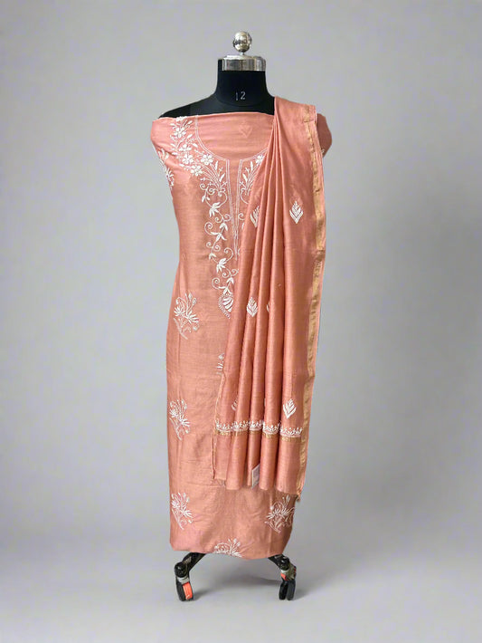 Lucknowi Chikankari Unstitched Peach Chanderi Kurta-Dupatta Fabric-PG400048