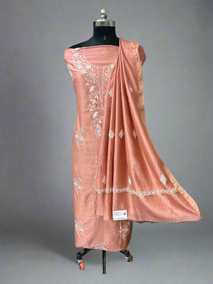 Lucknowi Chikankari Unstitched Peach Chanderi Kurta-Dupatta Fabric-PG400048