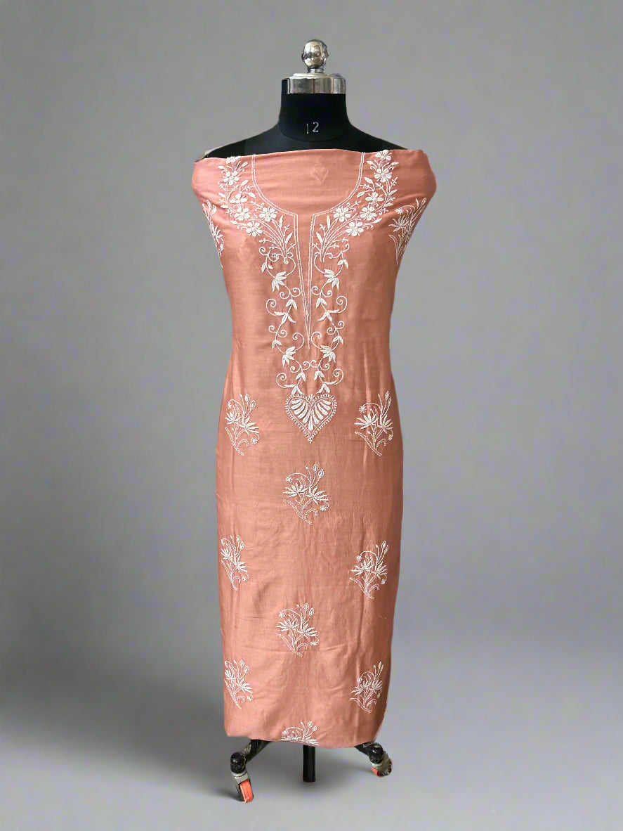 Lucknowi Chikankari Unstitched Peach Chanderi Kurta-Dupatta Fabric-PG400048