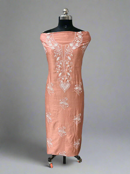 Lucknowi Chikankari Unstitched Peach Chanderi Kurta-Dupatta Fabric-PG400048