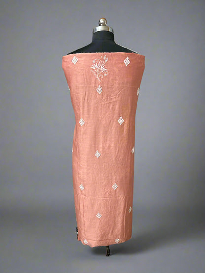 Lucknowi Chikankari Unstitched Peach Chanderi Kurta-Dupatta Fabric-PG400048