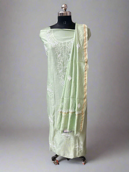 Lucknowi Chikankari Unstitched Green Chanderi Kurta-Dupatta Fabric-PG400049